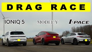 2022 Ioniq5 vs Tesla Model Y vs Jaguar I-Pace, better battery wins. Drag and roll race.