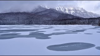 雪が降る水玉模様の戸隠鏡池・4K