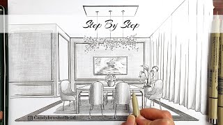How to Draw A Dining Room in One Point Perspective | Step By Step