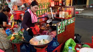 Beautiful Lady Street Food Cooking area near Riverside Night Market - Cambodian Street Food