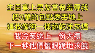 生日宴上男友當衆羞辱我，把3萬的包點燃丟地上，逼我像狗一樣舔乾淨灰燼，我冷笑送上一份大禮，下一秒他們傻眼跪地求饒！