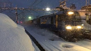 豪雪の越後中里駅　EH200系牽引貨物列車　雪を跳ね飛ばしながら　通過！！