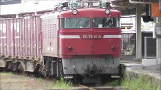 JR貨物　ED76 1015形　機関車が牽引する。大型コンテナ多数積載　貨物ターミナルセンターから本線　祇園之洲踏切、営林署踏切＆鹿児島駅前電停　撮影日2023 4 20