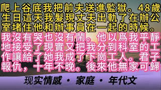 爬上谷底我把前夫送進監獄。48歲生日這天我髮現丈夫出軌了在辦公室堵住他和辦事員在一起的時候。我沒有哭也沒有鬧。他以爲我平靜地接受了現實又把我分到科室的工作讓給了她我成了下崗工人。君子報仇，十年不晚。