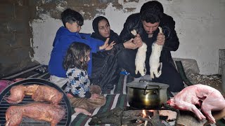 Nomadic dinner/cooking by a nomadic woman in a hut, cold winter 2025