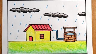 How to draw rain water saving drawing | Rain water harvesting drawing | Rain water saving drawing