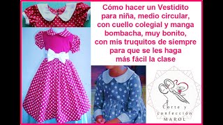 Cómo hacer un Vestidito para niña medio circular con cuello colegial y manga bombacha fácil y bonito