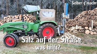 Holzspalter 25 t | Meterstücke | Vorglühen | Salz auf der Straße