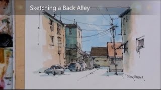 Line and Wash Watercolor Alley with Cars. Demonstration of my Urbansketch Style. Peter Sheeler