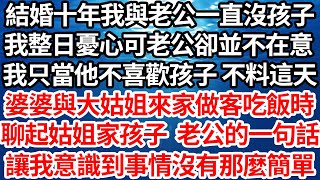 結婚十年我與老公一直沒孩子，我整日憂心可老公卻並不在意，我只當他不喜歡孩子 不料這天，婆婆與大姑姐來家做客吃飯時，聊起姑姐家孩子老公的一句話，讓我意識到事情沒有那麼簡單【倫理】【都市】