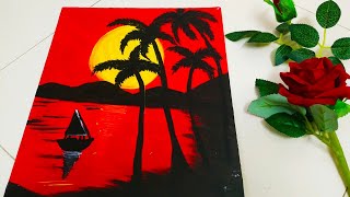 Sunset Beach Landscape Acrylic Painting with Palm Trees | Easy Step by Step Tutorial For Beginners