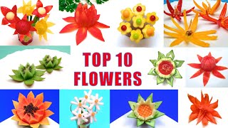 Top 10 Flowers made with Fruits and Vegetables / Carving Garnishes, Cooking Tricks