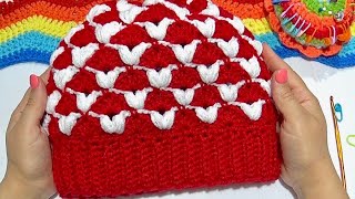 GORRO TEJIDO A CROCHET CORAZONES Y ABANICOS MUY FACIL