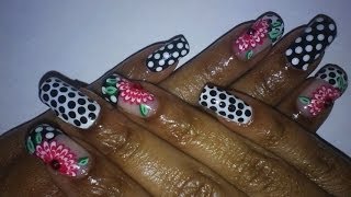 Black White Polka Dot Nail Art Design With Red Flower (BornPrettyStore.Com Rhinestone Picker)