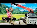 Girl driver Controls Crane To Transport Old Electric Poles And Replace New Electric Poles.