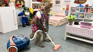 Baby Monkey Bim Bim obedient helps dad with gardening, harvesting fruits and cleaning the house
