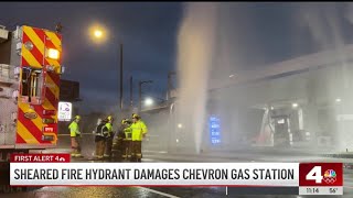 Geyser damages gas station after car crashes into fire hydrant