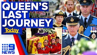 King Charles leads sombre march behind Queen's coffin | 9 News Australia