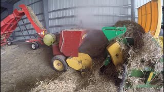 Baling in the Barn with Kuhns Accumulator and Hustler Unroller