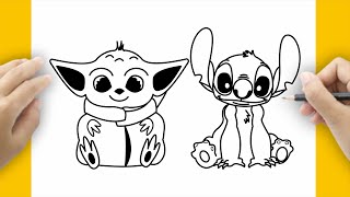 HOW TO DRAW STITCH AND BABY YODA TOGETHER