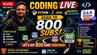 🚀 Coding Live | Java, Python, Snippets & Q&A | Road to 800 Subscribers!#live #livestream #codinglive