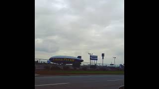 Goodyear Blimp in Los Angeles landing on the ground in Long Beach 2014 during drought