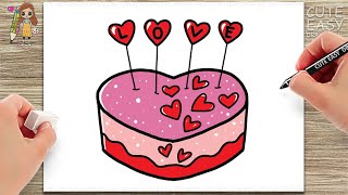 How to Draw a Cute Simple Cake | How to Draw Love Cake | Draw a Heart Cake Easy