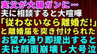 【スカッとする話】父に大腸がんが見つかり夫に相談すると大喧嘩「俺の言うことが聞けない女はいらん！離婚だ！」と離婚届を突きつけてきた→翌日私は即提出し実家に帰ると夫は顔面崩壊し大号泣【修羅場】