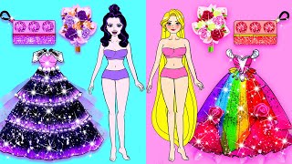 DIY Paper Dolls & Cartoon - Rainbow Rapunzel VS Purple Raquelle Dresses - Barbie Contest Handmade