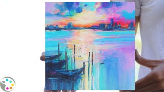 Sunset over Water Painting / Skyline Acrylic Painting / Step-by-Step Tutorial