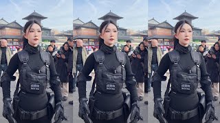 AI机器人白栀街头表演秀。引路人围观，真假难辨。性感美女机器人。AI robot imitation show.Sexy beauty robot.