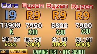 7950X3D VS I9 13900K VS R9 7900X3D VS R7 5800X3D 4K Gaming Test + RTX 3090TI TOP GAMİNG CPU IN 2023