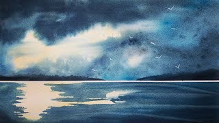 Step by Step Simple Stormy Sky Watercolor Painting Tutorial, with Beautiful Light on a Still Lake