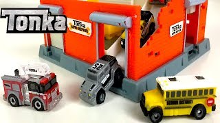 STORY WITH TONKA TINYS IN TOWN - FUN PLAY WITH FIRETRUCKS TOW TRUCKS POLICE HELICOPTER & SCHOOL BUS