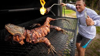 GIANT Iguana Cooked WHOLE {Catch Clean Cook} Bacon Wrapped Lizard