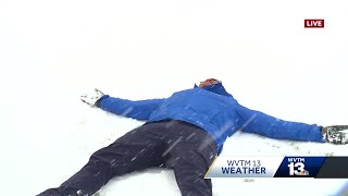 Snow in the Gulf: Meteorologist Jordan West makes snow angels in Mobile, Alabama