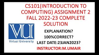 CS101(Introduction to computing) assignment 2 Fall 2023 complete solution || 💯 correct #vu #cs101