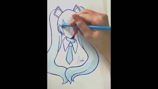 色鉛筆3色で初音ミクの線画を塗ってみた。- Coloring Hatsune Miku with 3 colored pencils -