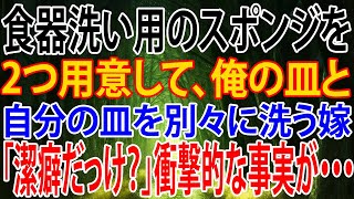 【修羅場】食器洗い用のスポンジを2つ用意して、俺の皿と自分の皿を別々に洗う嫁。「潔癖だっけ？」衝撃的な事実が・・・。