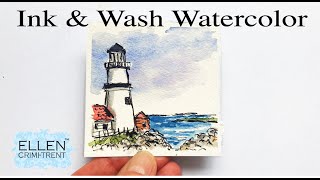 EASY Ink & Wash Watercolor Tutorial- Lighthouse