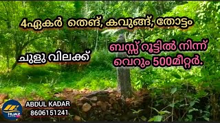 ചുളു വിലക്ക് ഒരു 4ഏകർ  തെങ്, കവുങ്ങ്, തോട്ടം ബസ്സ്‌ റൂട്ടിൽ നിന്ന് വെറും 500മീറ്റർ.