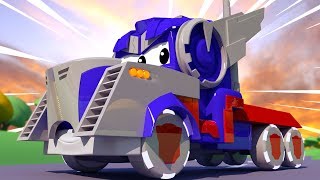 Carl SUPER TRUCK is OPTIMUS PRIME from Transformers!  Tom the Tow Truck's Paint Shop - Car City