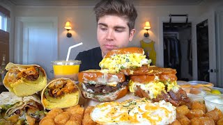 EATING KOREAN EGG SANDWICHES \u0026 Breakfast BURRITOS Mukbang + Loaded Tots ..ROUND 2!