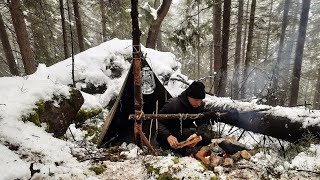 Bushcraft Winter Camping, Canvas Poncho, Survival Shelter, Snowfall, ASMR