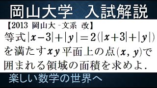 #817　2013岡山大　文系　改　絶対値を含む等式の表す曲線で囲まれる面積【数検1級/準1級/大学数学/中高校数学/数学教育】JJMO JMO IMO  Math Olympiad Problems