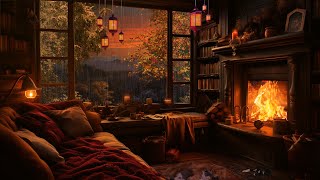 Peaceful Autumn Evening Fireplace and Gentle Rain Ambience   Relax, Sleep or Study