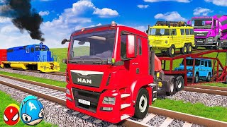 Double Flatbed Trailer Truck vs Speedbumps Train vs Cars Tractor vs Train Beamng.Drive