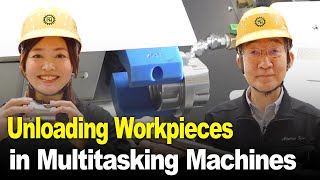 What are the methods for unloading workpieces in a multitasking machine?