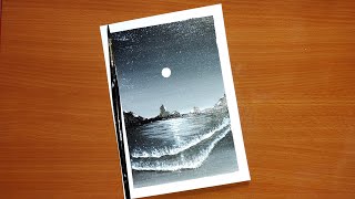 Full Moon Night At Beach😍| Acrylic Painting for BEGINNERS| Black and White| Meena Pandey #Shorts