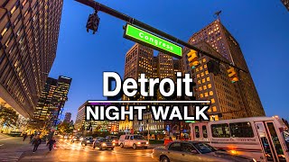 Detroit Michigan Downtown Night Walking Tour | UHD 5K 60FPS